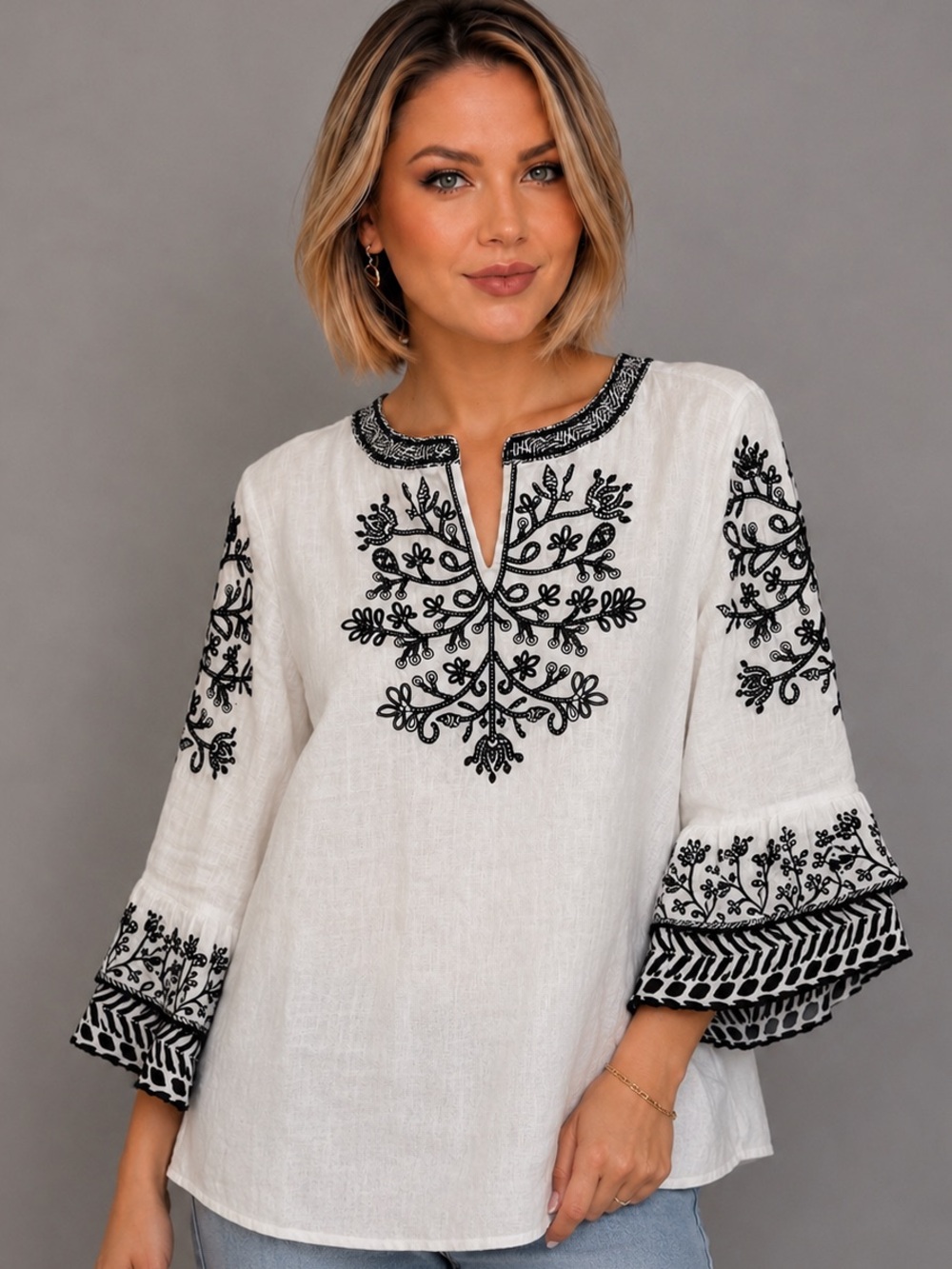 John Mark 100% Linen Embroidered Boho Blouse White Black Bell Sleeve M NWOT
